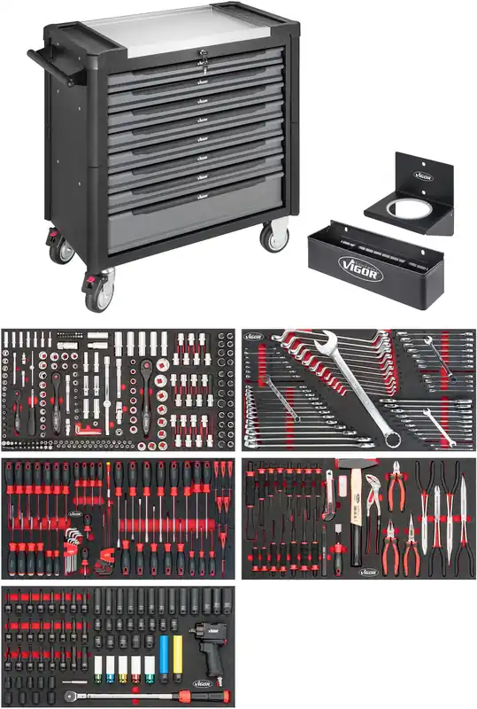 VIGOR Werkstattwagen Series XL · Edelstahl-Arbeitsplatte · mit Sortiment · V4481-X/466 · Anzahl Werkzeuge: 466 Knallerangebot