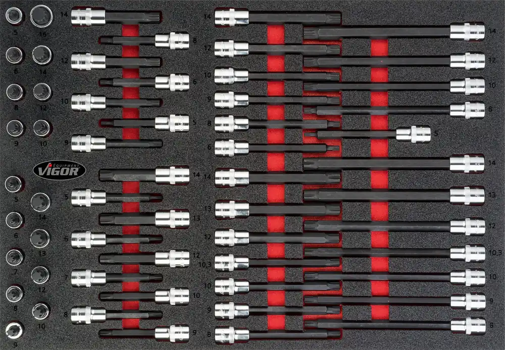 Schneller Versand VIGOR Schraubendreher-Einsatz Satz · V4729 · Vierkant hohl 12,5 mm (1/2 Zoll) · Innen Keilprofil Ribe-CV, Innen Vielzahn Profil XZN · M5 – M16 · Anzahl Werkzeuge: 58