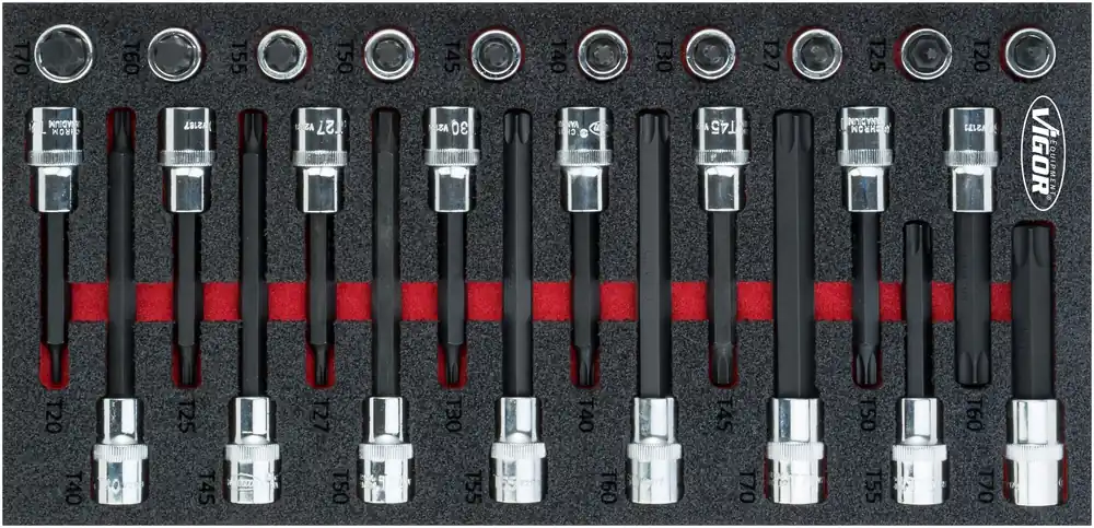 Bestseller VIGOR T Schraubendreher-Einsatz Satz · V5095 · Vierkant hohl 12,5 mm (1/2 Zoll) · Innen TORX® Profil · T20 – T70 · Anzahl Werkzeuge: 26