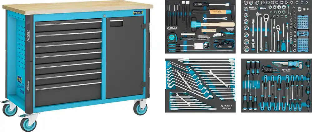Heißes Angebot HAZET Fahrbare Werkbank 179NW-7/230 · Schubladen, flach: 6x81x522x398 mm · Schubladen, hoch: 1x166x522x398 mm · Anzahl Werkzeuge: 230