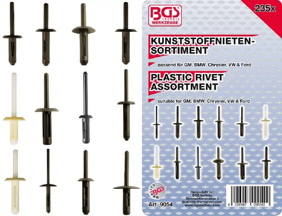 BGS Kunststoffnieten-Sortiment | für GM, BMW, Chrysler, VW, Ford | 235-tlg. – 9054 Top-Angebot