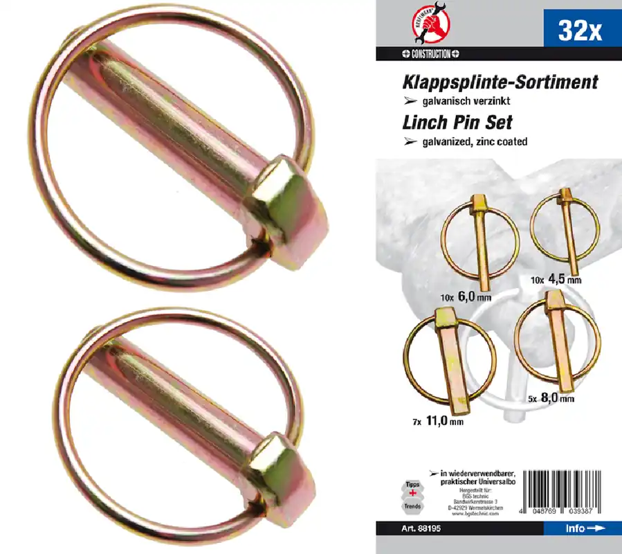BGS DIY Klappsplinte-Sortiment | Bolzen-Ø 4,5 - 11 mm | 32-tlg. – 88195 Bestpreis
