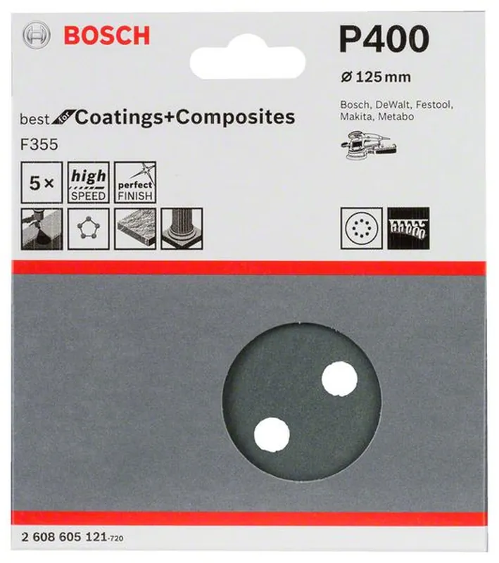 Neue Ware BOSCH Schleifblatt F355 125 mm 400 8 Löcher Klett 5er-Pack 2608605121