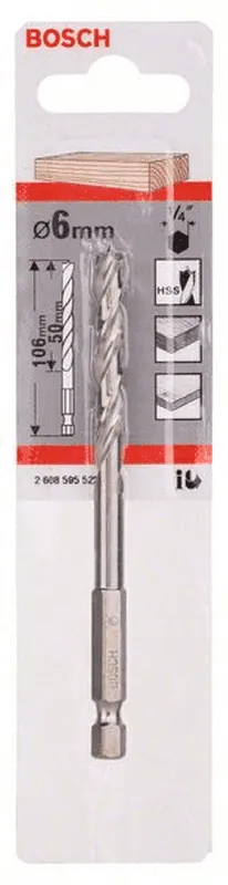 Heißes Angebot BOSCH Holzspiralbohrer 1/4"-Sechskantschaft 6 x 63 x 106 mm 2608595522