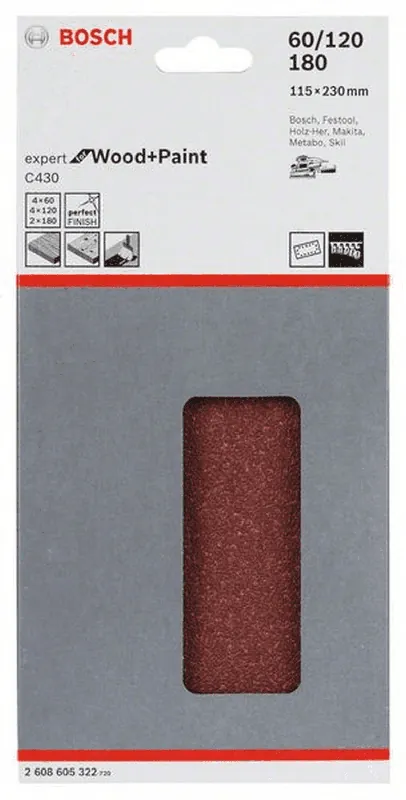 BOSCH Schleifblatt C430 115 x 230 mm 4 x 60 4 x 120 2 x 180 14 Löcher 10er-Pack 2608605322 Sonderaktion