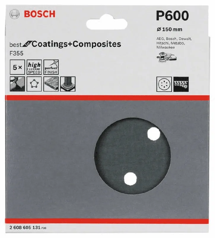 Schneller Versand BOSCH Schleifblatt F355 150 mm 600 6 Löcher Klett 5er-Pack 2608605131