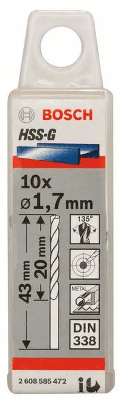 BOSCH Metallbohrer HSS-G DIN 338 1,7 x 20 x 43 mm 10er-Pack 2608585472 Top-Seller